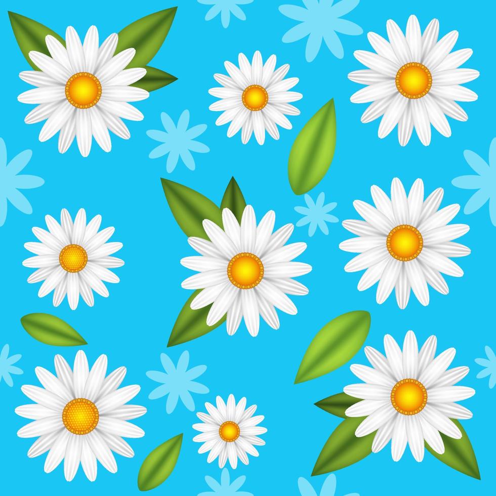 Ilustración de vector transparente realista de flor de manzanilla. patrón de plantas florecientes de margarita blanca con hojas verdes sobre fondo azul.