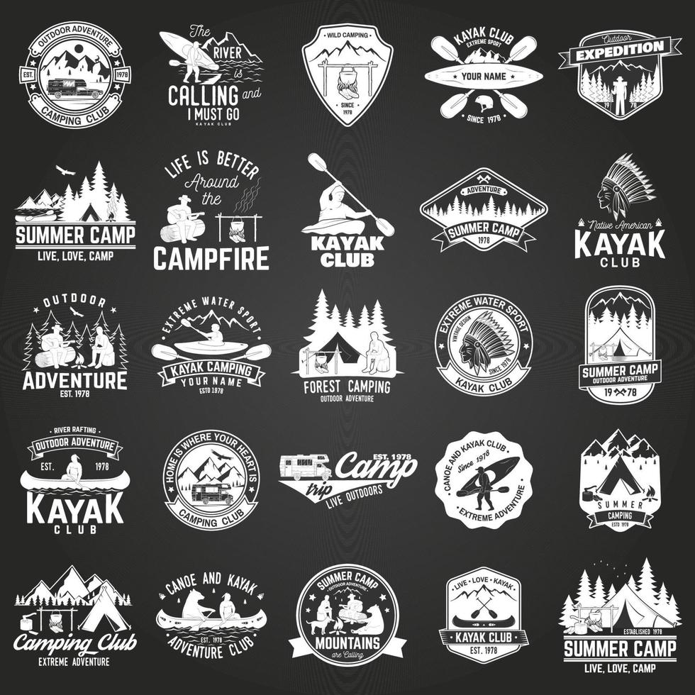 Set of canoe, kayak and camping club badge vector