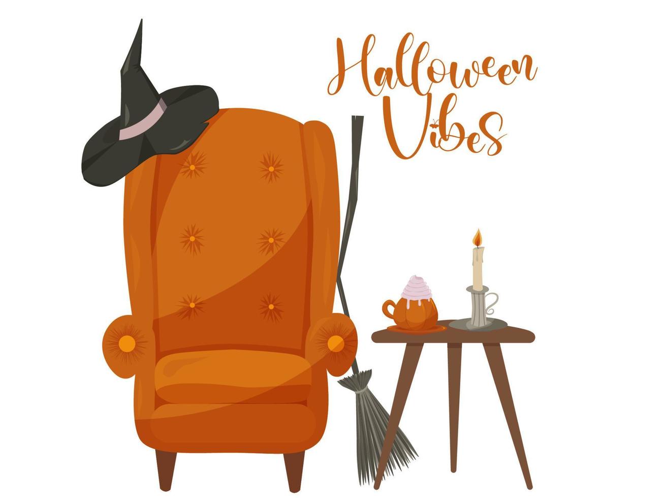 Orange hygge witch chair with coffee table, broom, latte and candle, Halloween vibes. Vector illustration