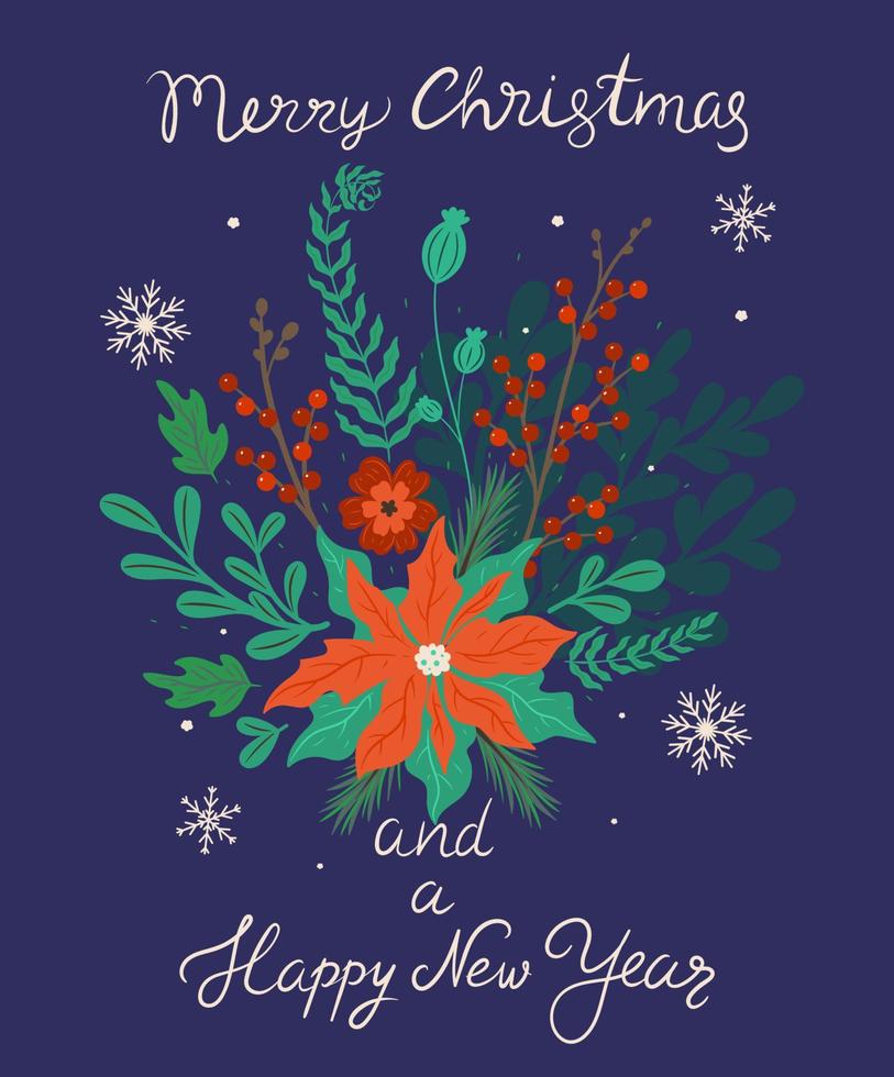 Postcard with Christmas floral composition. Vector graphics.