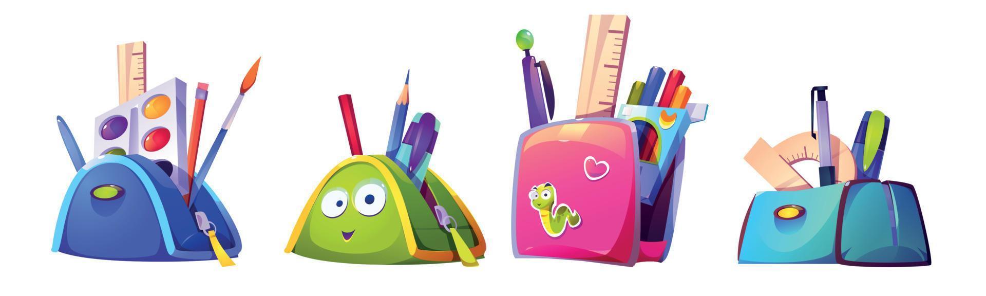 set de papelería escolar, mochila y estuche vector