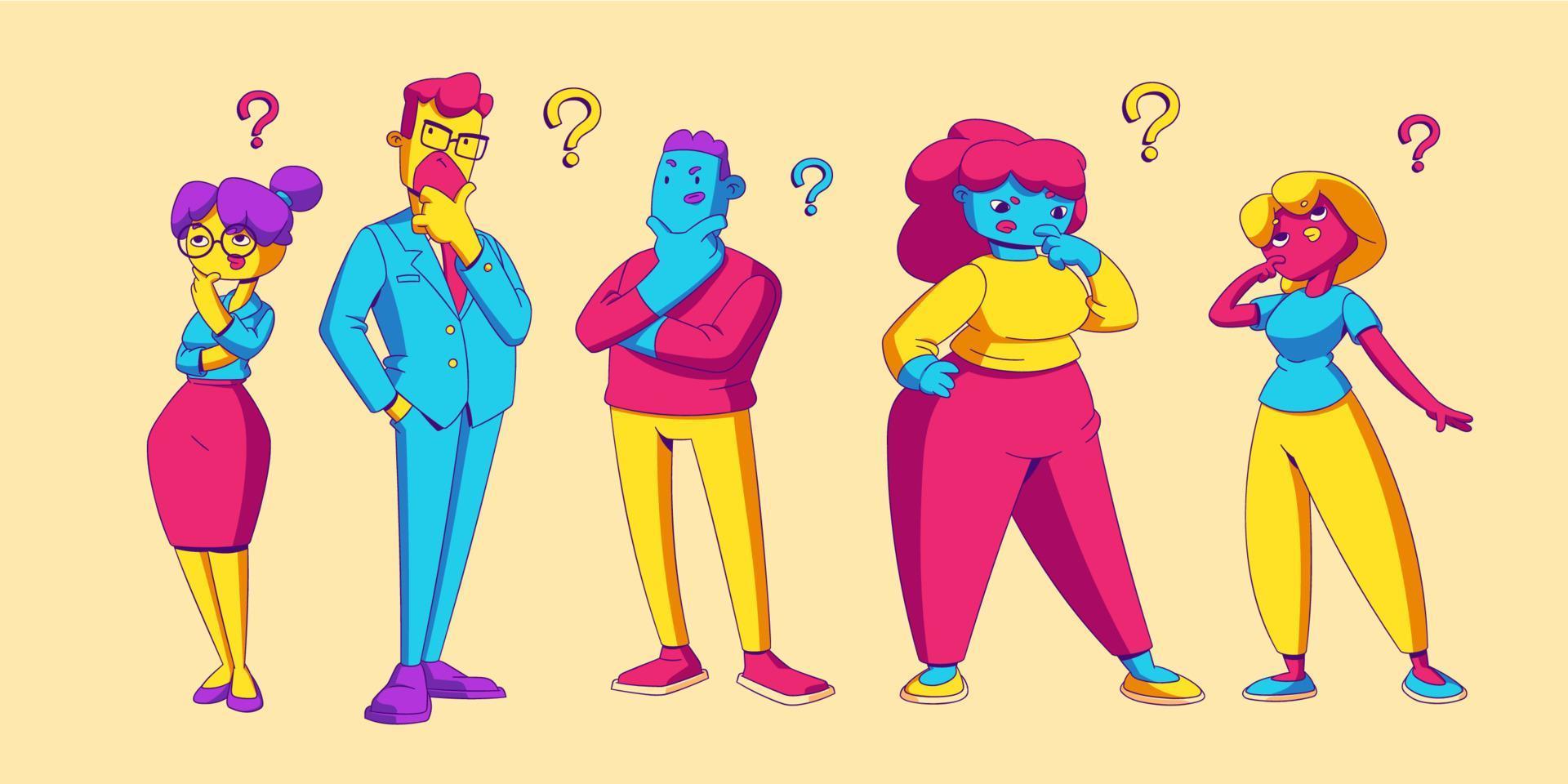 Thoughtful persons with questions, doubtful people vector