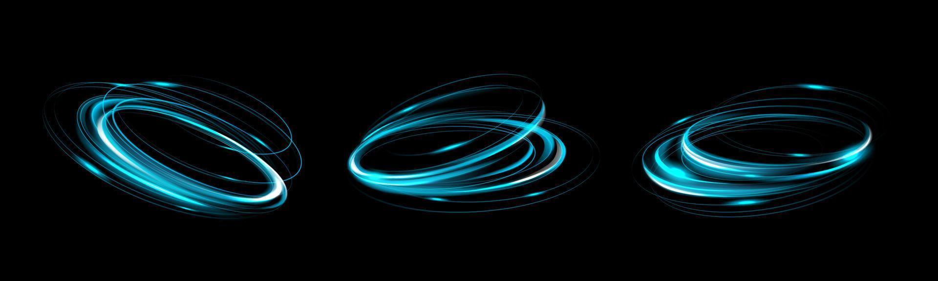 Glowing blue circles realistic set on black vector