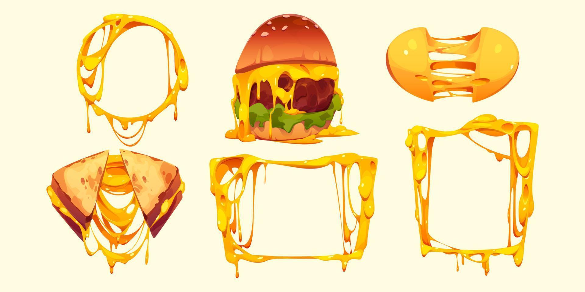 Set of melted cheese frames, burger and sandwich vector