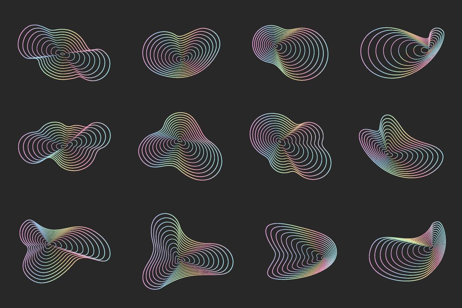 Abstract topography circles. Organic neon colored texture shapes. Vector outline holographic illustrations set.