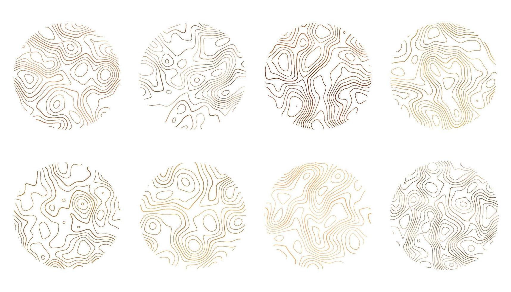 Wood texture with topography lines. Organic ripple wavy patterns. Tree rings set. Vector doodle illustration with gradient.