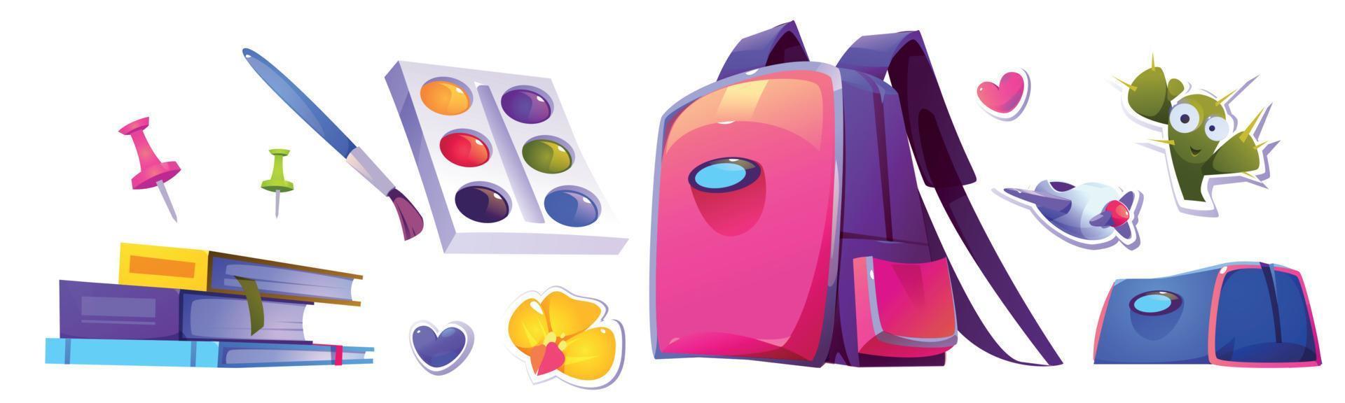 School stationery and supplies, backpack, stickers vector