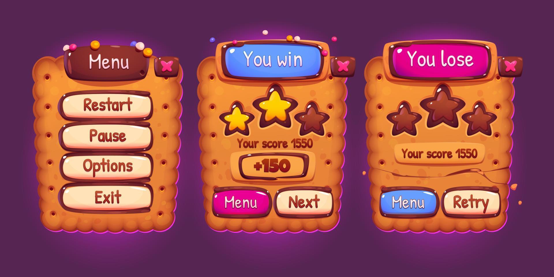 Cookie game interface cartoon vector set