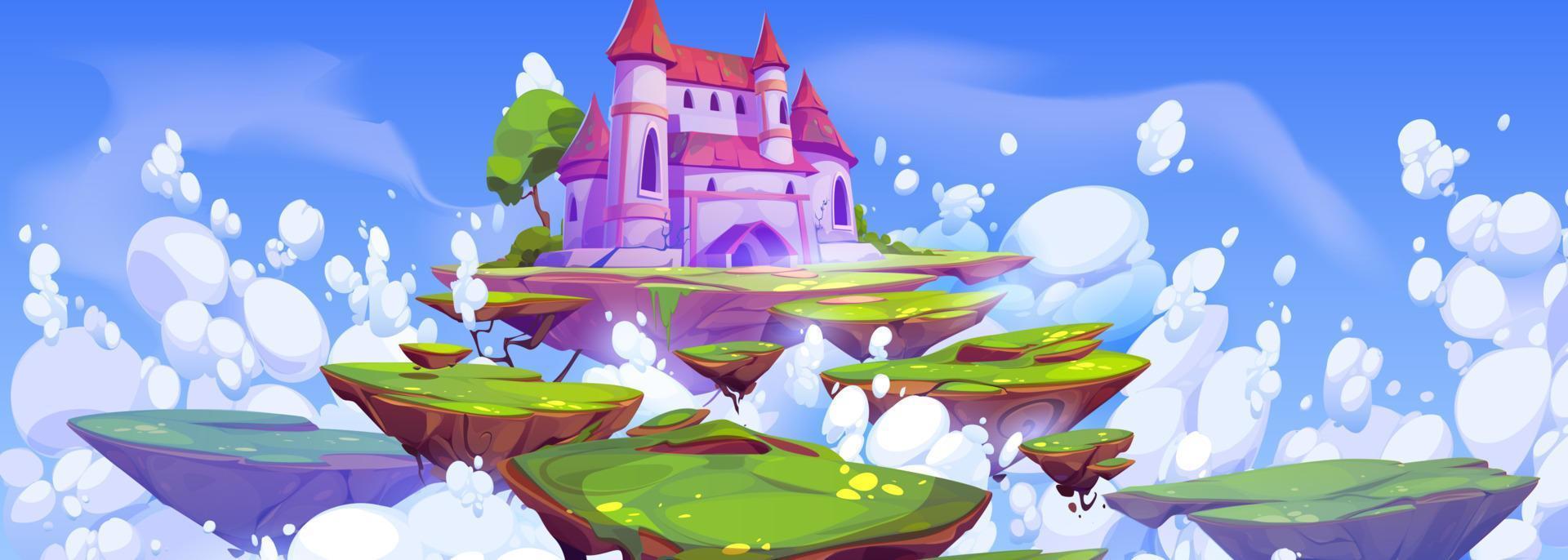 Pink magic castle on floating island in blue sky vector