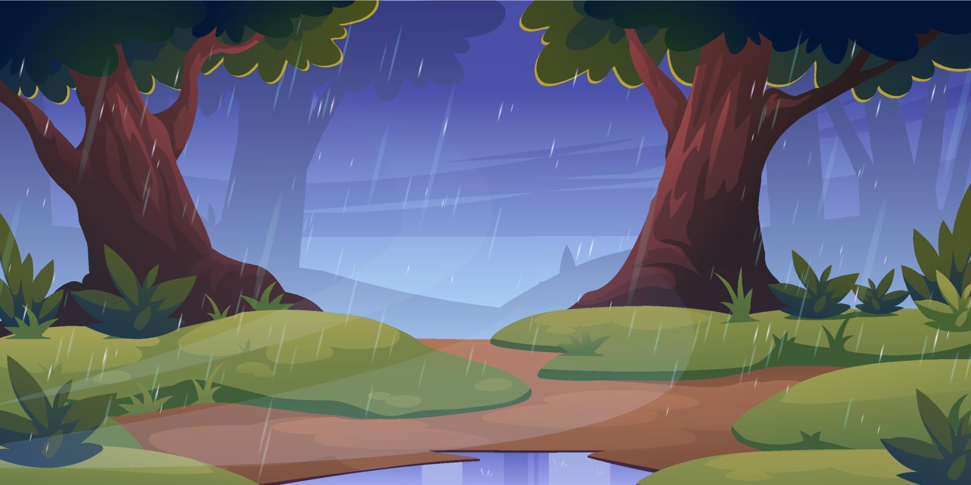 Forest landscape with trees and grass in rain vector