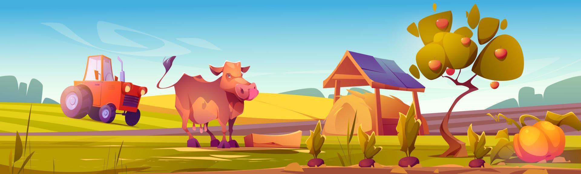 Countryside scene with cow, farm field and tractor vector