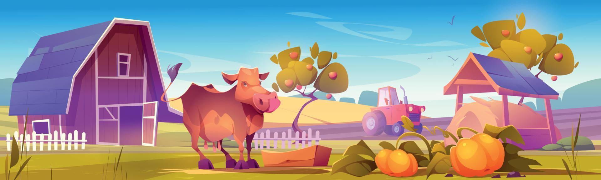 paisaje de granja con mirada de vaca cerca de granero de madera vector