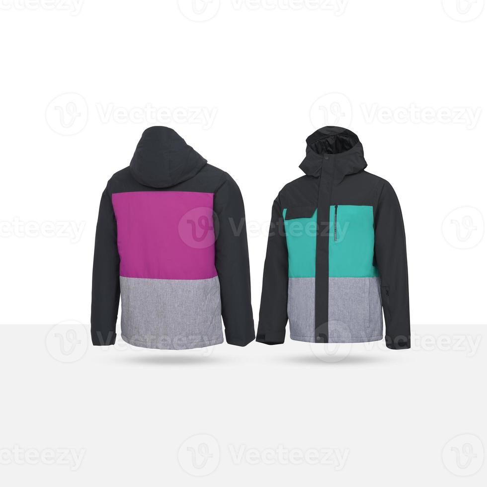 Winter jackets, hoodies, hiking jackets, and snowy winter clothing.worm winter hoodie jacket isolated on background with clipping path photo