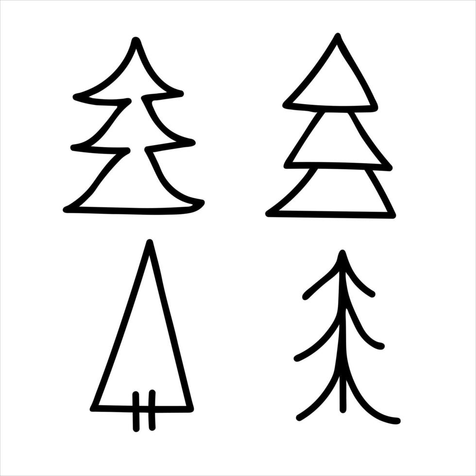 Hand drawn set of Christmas trees. Abstract doodle drawing woods vector