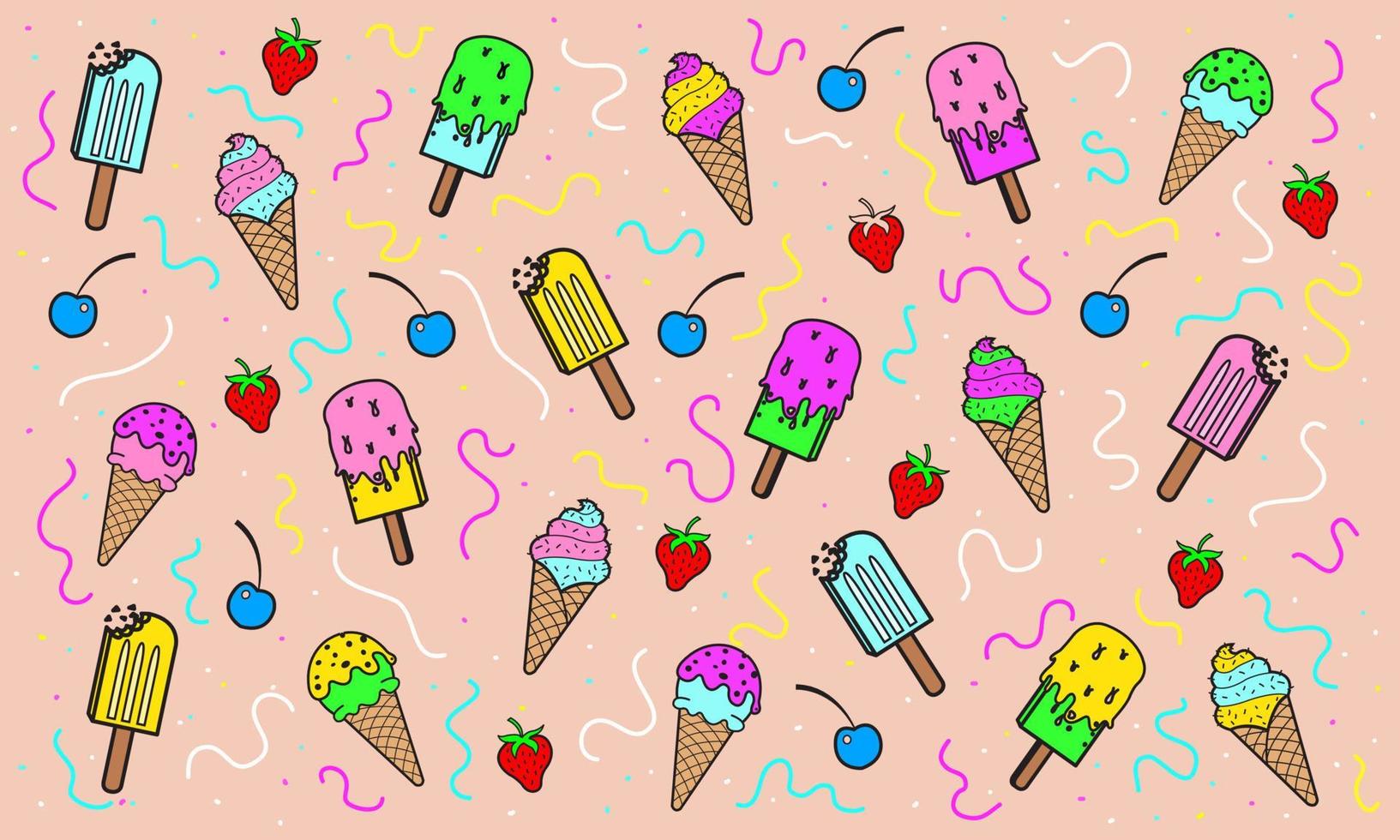 patrón de vector de dibujos animados lindo helado de fresa y cereza