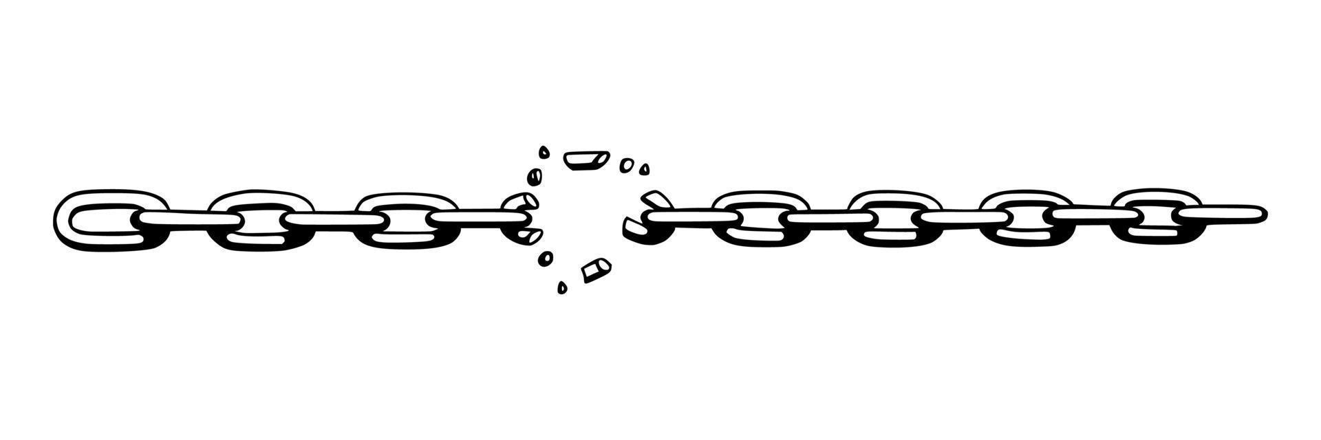 Broken chain with shatters as symbol of strength and freedom. Sketch of metal chains. Vector illustration