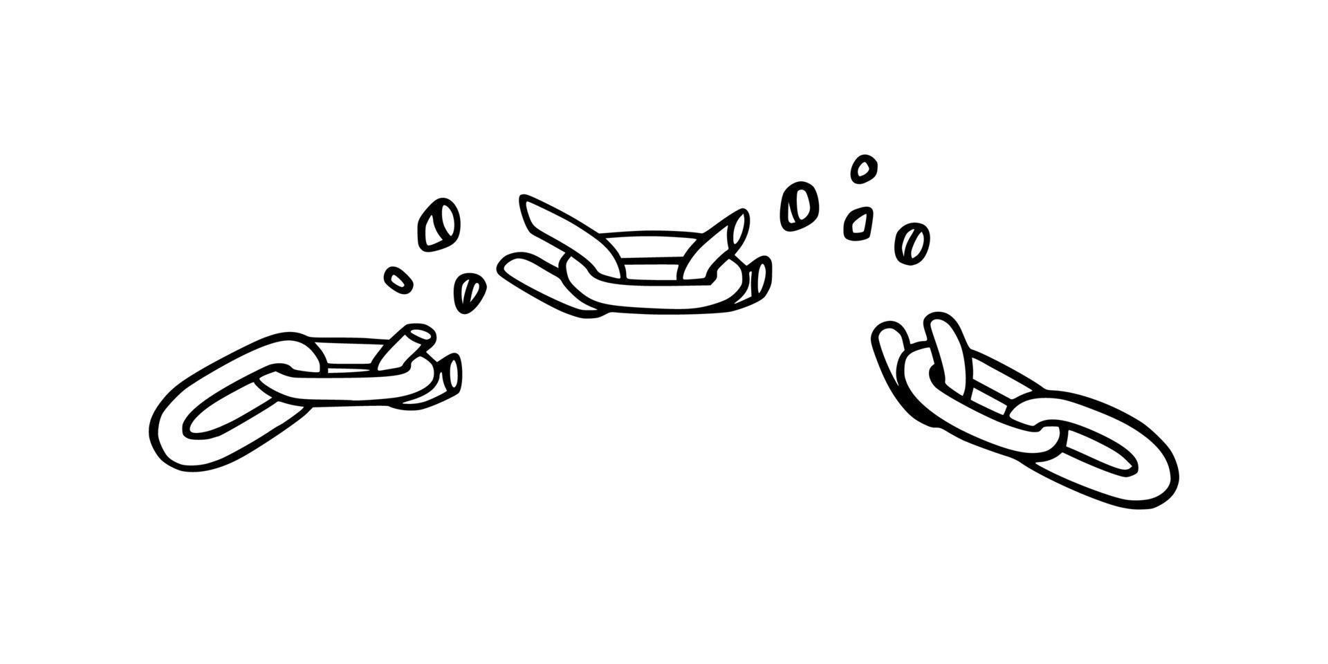 Broken chain with shatters as symbol of weakness and failure. Sketch of metal chains. Vector illustration