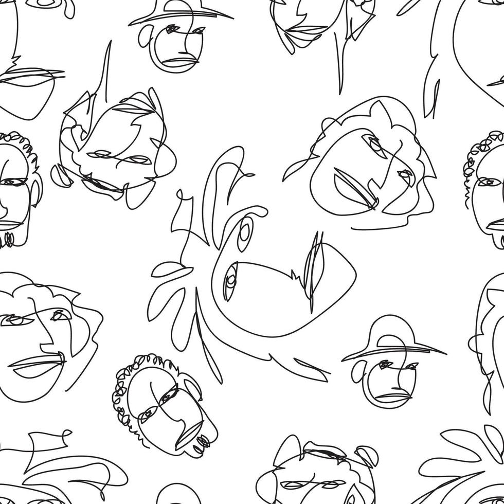 seamless pattern continuous line art man face doodle for web background and print vector design element