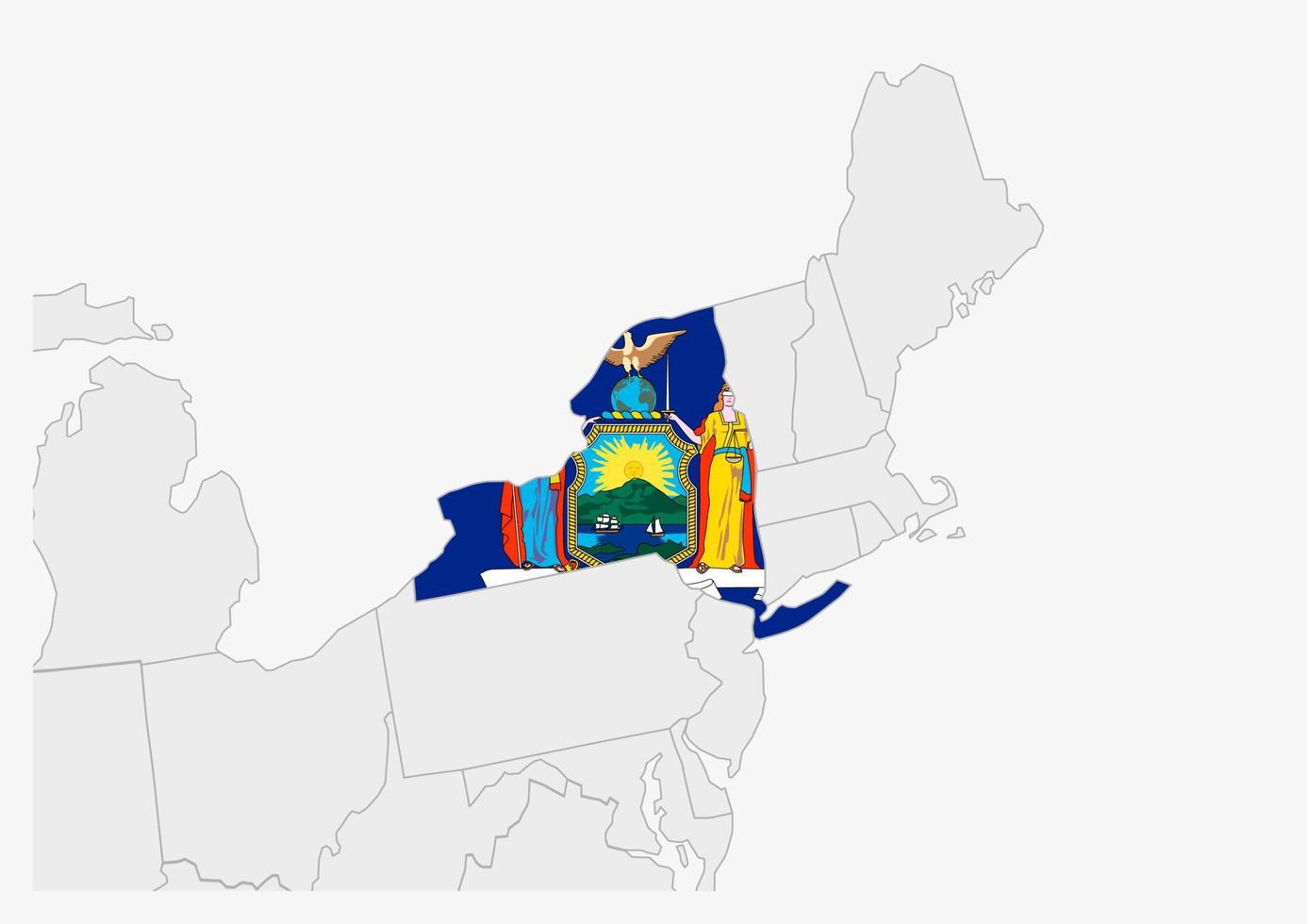 US state New York map highlighted in New York flag colors vector