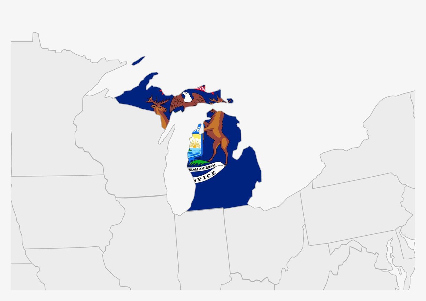 mapa del estado de michigan resaltado en los colores de la bandera de michigan vector