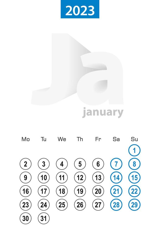 Calendar for January 2023, blue circle design. English language, week starts on Monday. vector