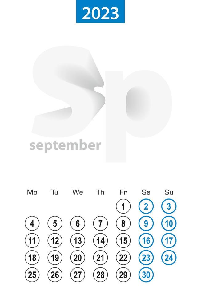 Calendar for September 2023, blue circle design. English language, week starts on Monday. vector