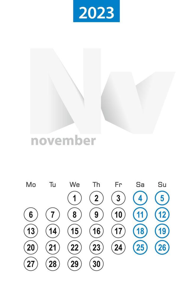 calendario para noviembre de 2023, diseño de círculo azul. idioma inglés, la semana comienza el lunes. vector