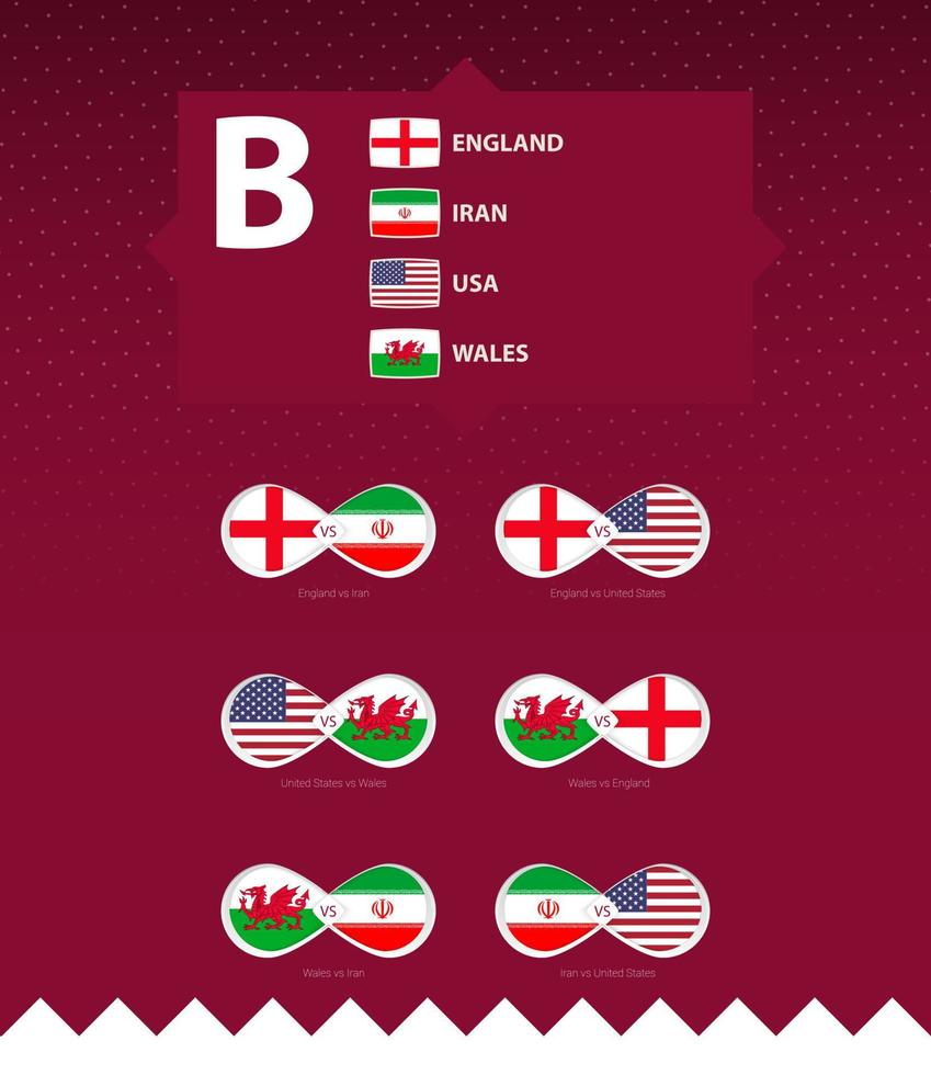 Group B of football tournament, flags and match icon set. vector