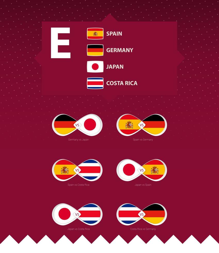 Group E of football tournament, flags and match icon set. vector