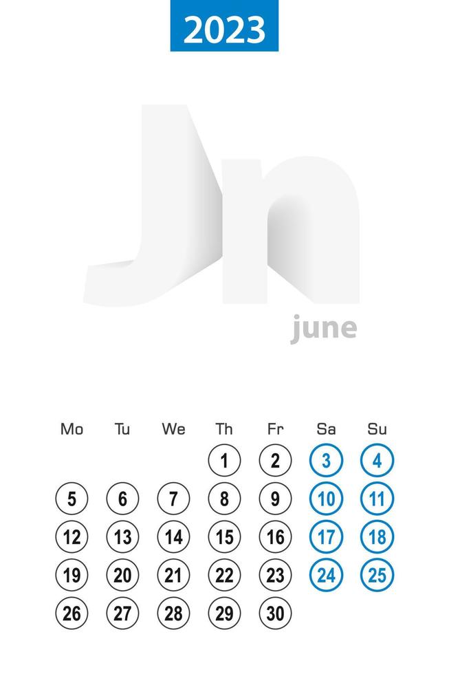 Calendar for June 2023, blue circle design. English language, week starts on Monday. vector