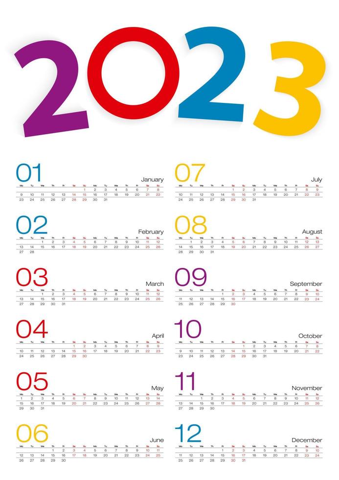 calendario 2023, todo el mes, línea de 2 semanas. vector