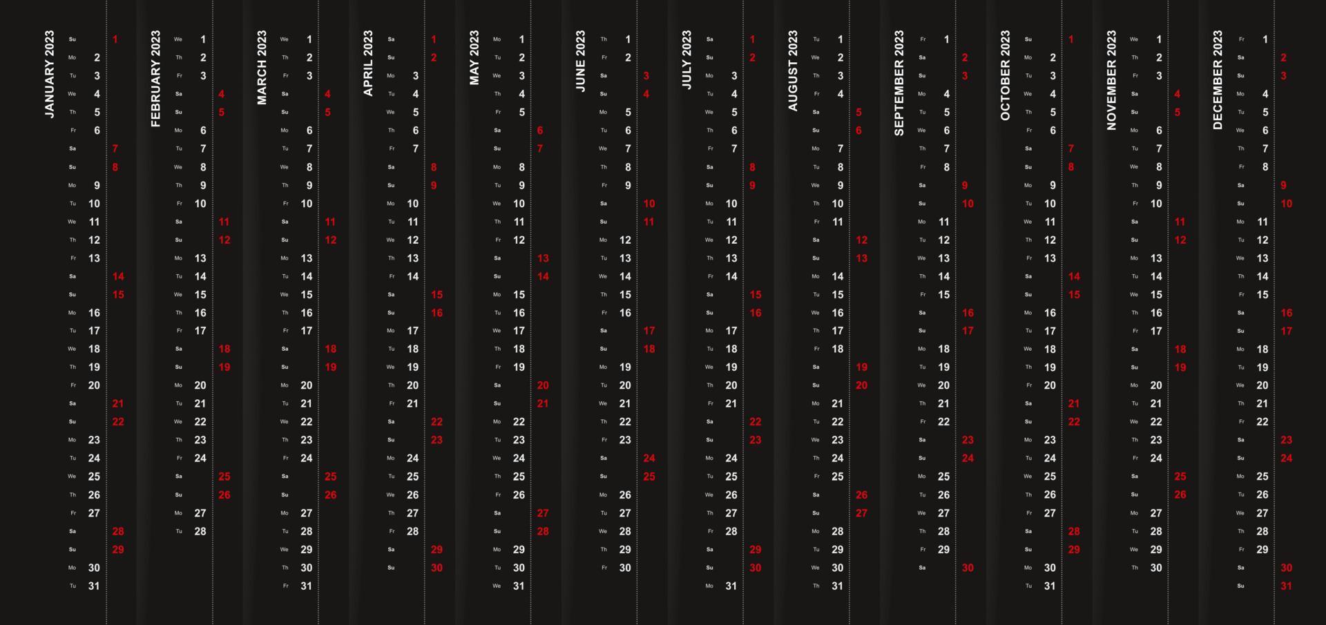 Vertical calendar 2023 on black background, Saturday and Sunday selected in different row. vector