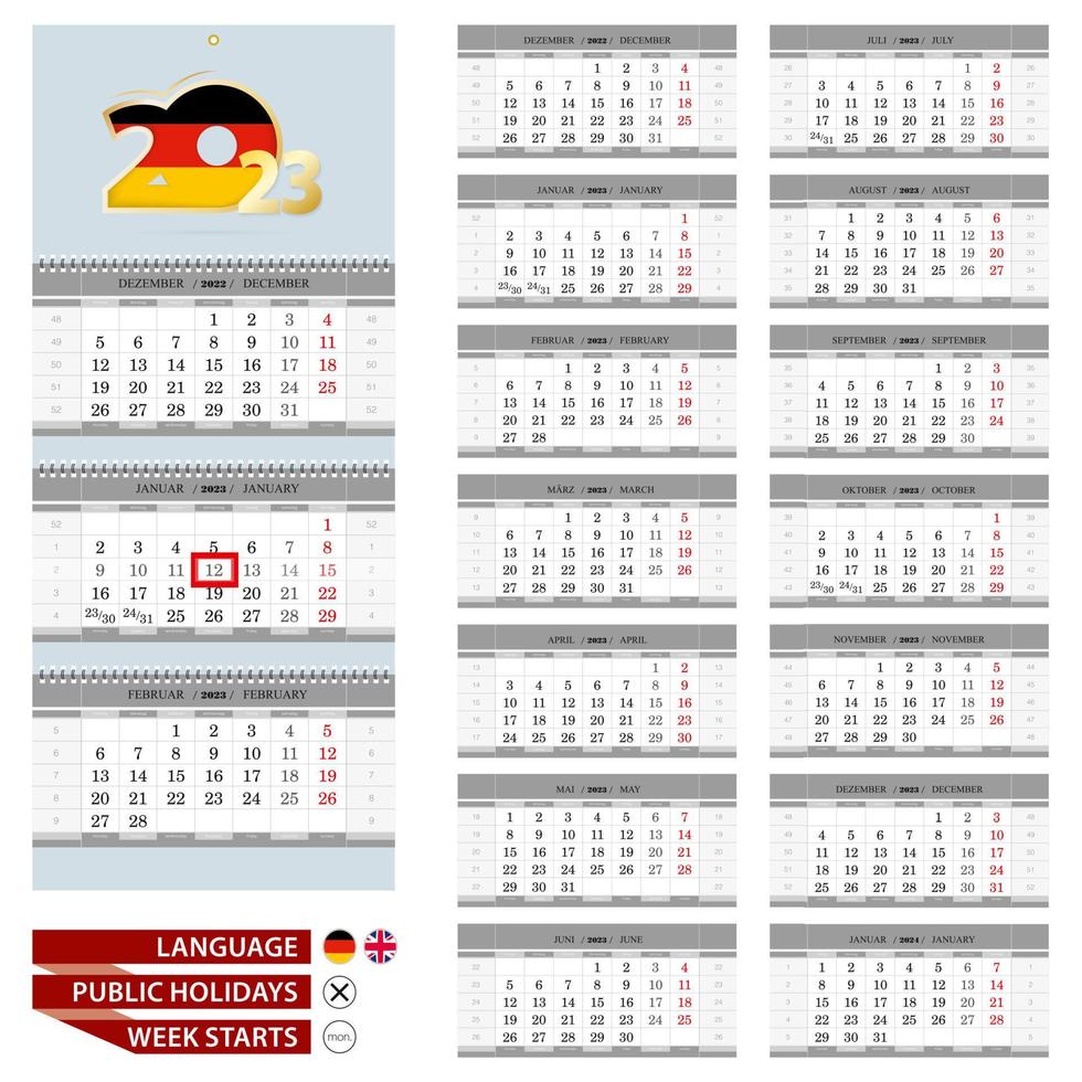 Wall calendar planner template for 2023 year. Germany and English language. Week starts from Monday. vector