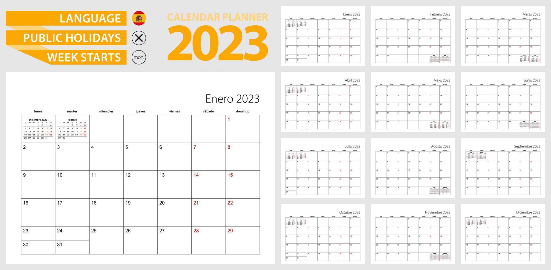 planificador de calendario español para 2023. idioma español, la semana comienza en lunes. vector