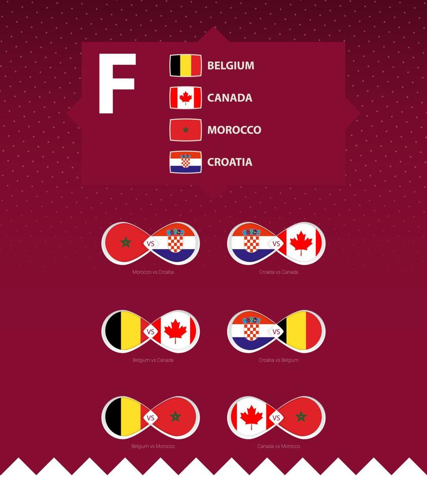 Group F of football tournament, flags and match icon set. vector