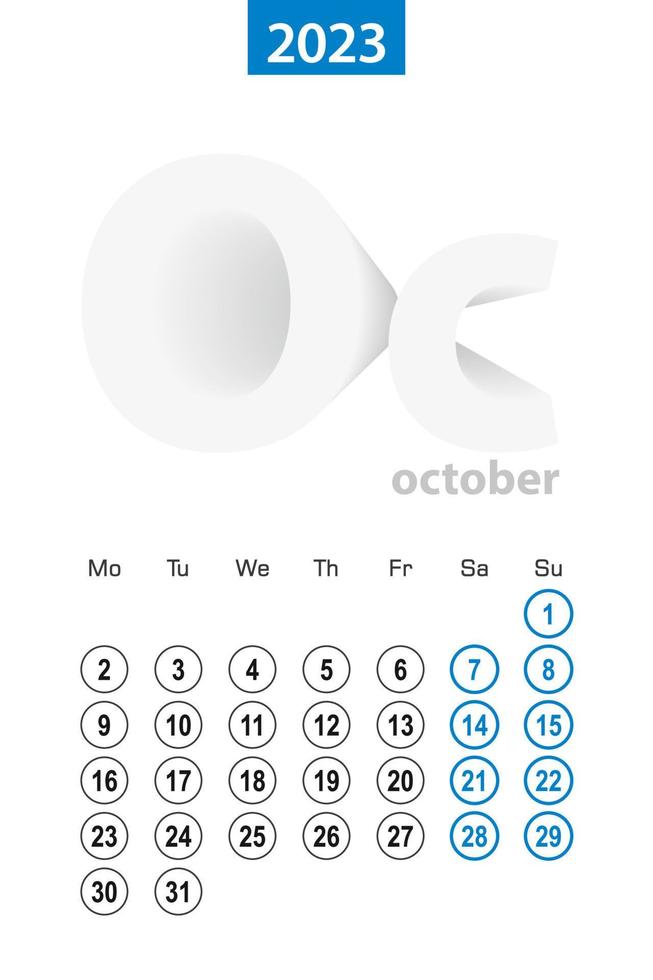 Calendar for October 2023, blue circle design. English language, week starts on Monday. vector