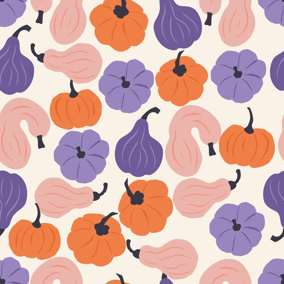 Seamless pattern of colorful hand drawn pumpkins on light background. Creative prints surface design. Playful graphic flat illustration for seasonal fall, autumn and Halloween holiday and celebration. vector