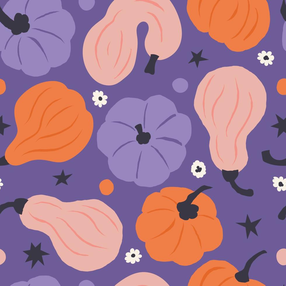 Seamless pattern of colorful hand drawn pumpkins on purple background. Creative prints surface design. Playful graphic flat illustration for seasonal fall, autumn and Halloween holiday vector