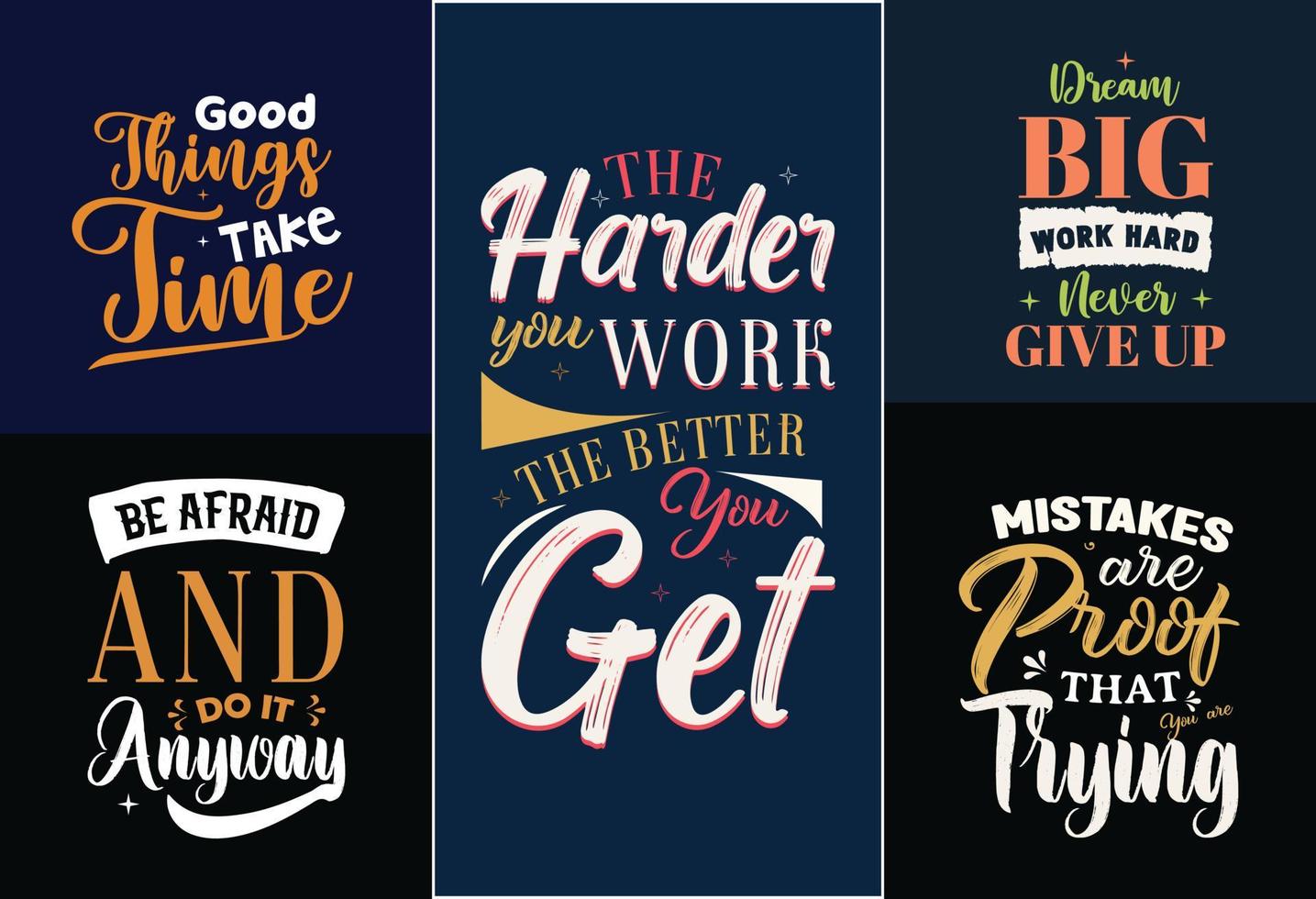 conjunto de 6 afiches de letras motivacionales e inspiradores, decoración, estampados, diseño de camisetas para deporte, gimnasio o fitness. conjunto de camisetas creativas dibujadas a mano vector