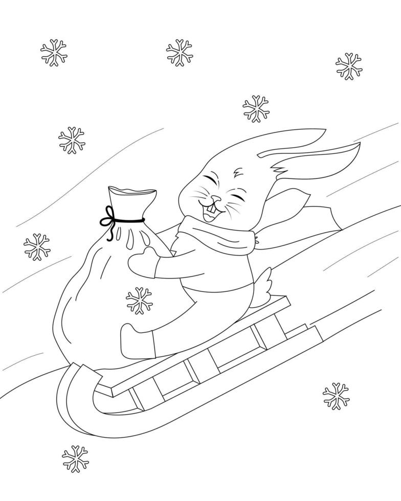 Coloring page of a cute cartoon bunny sledging vector