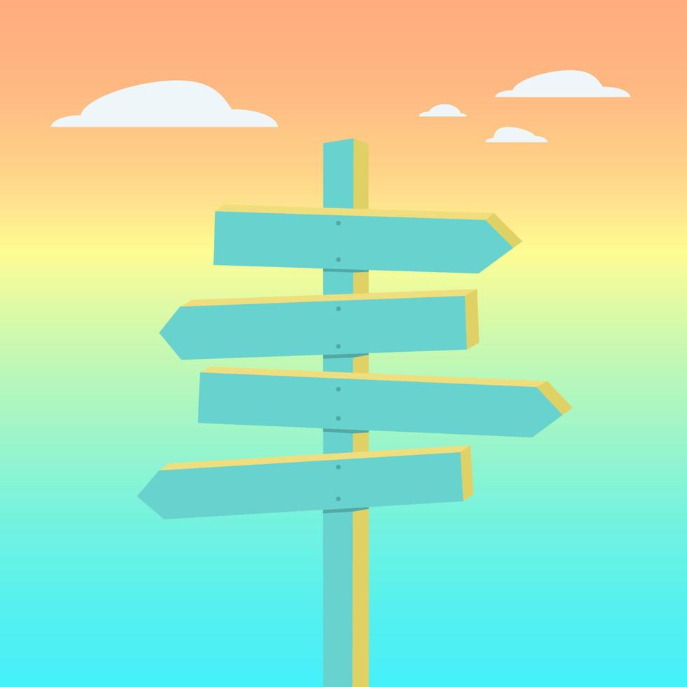 Empty wooden direction sign on the  sunset cloudy sky. Vector illustration.