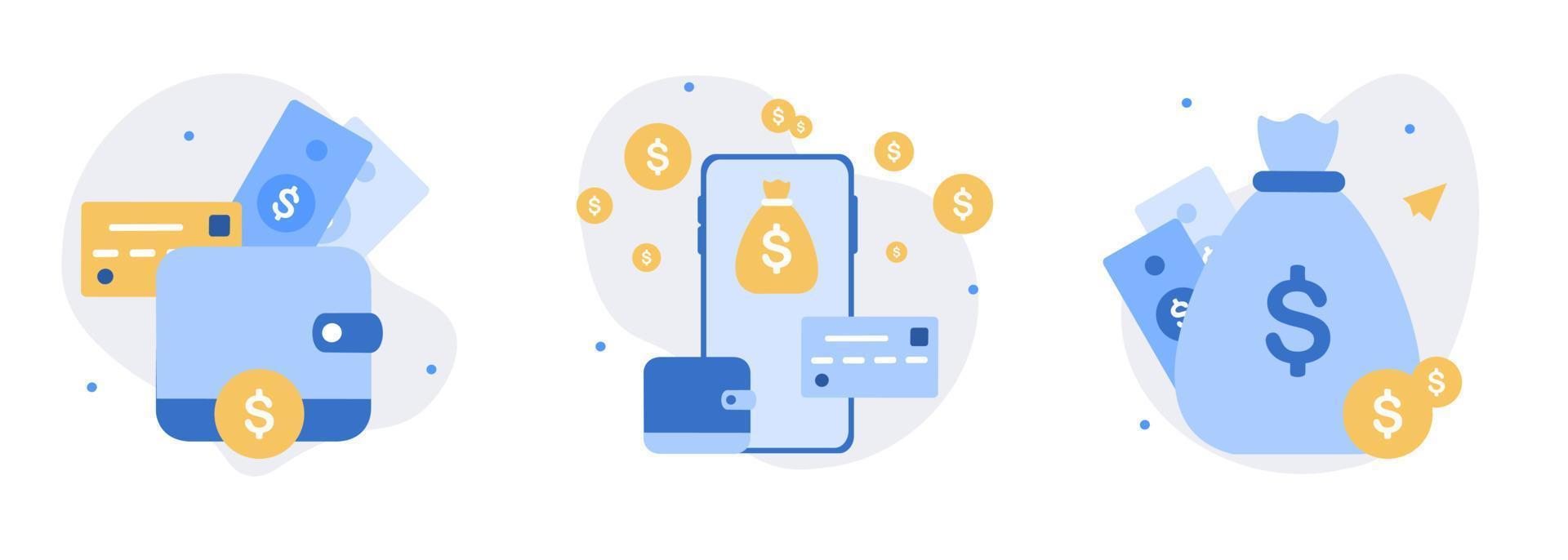 Financial illustration set. Saving money in cash, credit card or savings in bank accounts. Payment transactions, transfer, e-wallet, finance management and savings concept. Flat vector illustration.