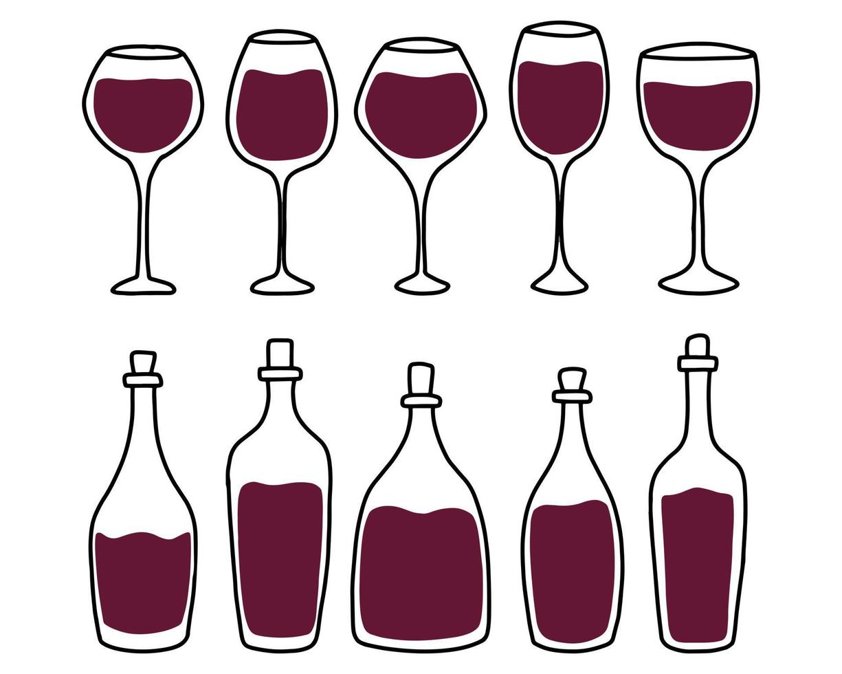 Set of bottles and glasses with red wine. Doodle style. Vector illustration. Wine collection in doodle style.