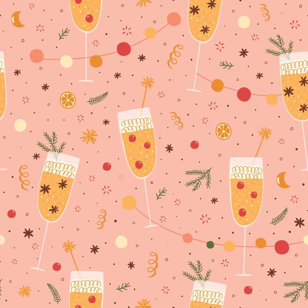 Champagne flute pink Christmas pattern. Champagne glasses. Happy New Year party celebration, Prosecco, Cava seamless background. Vector illustration. Cheers Christmas background card, poster