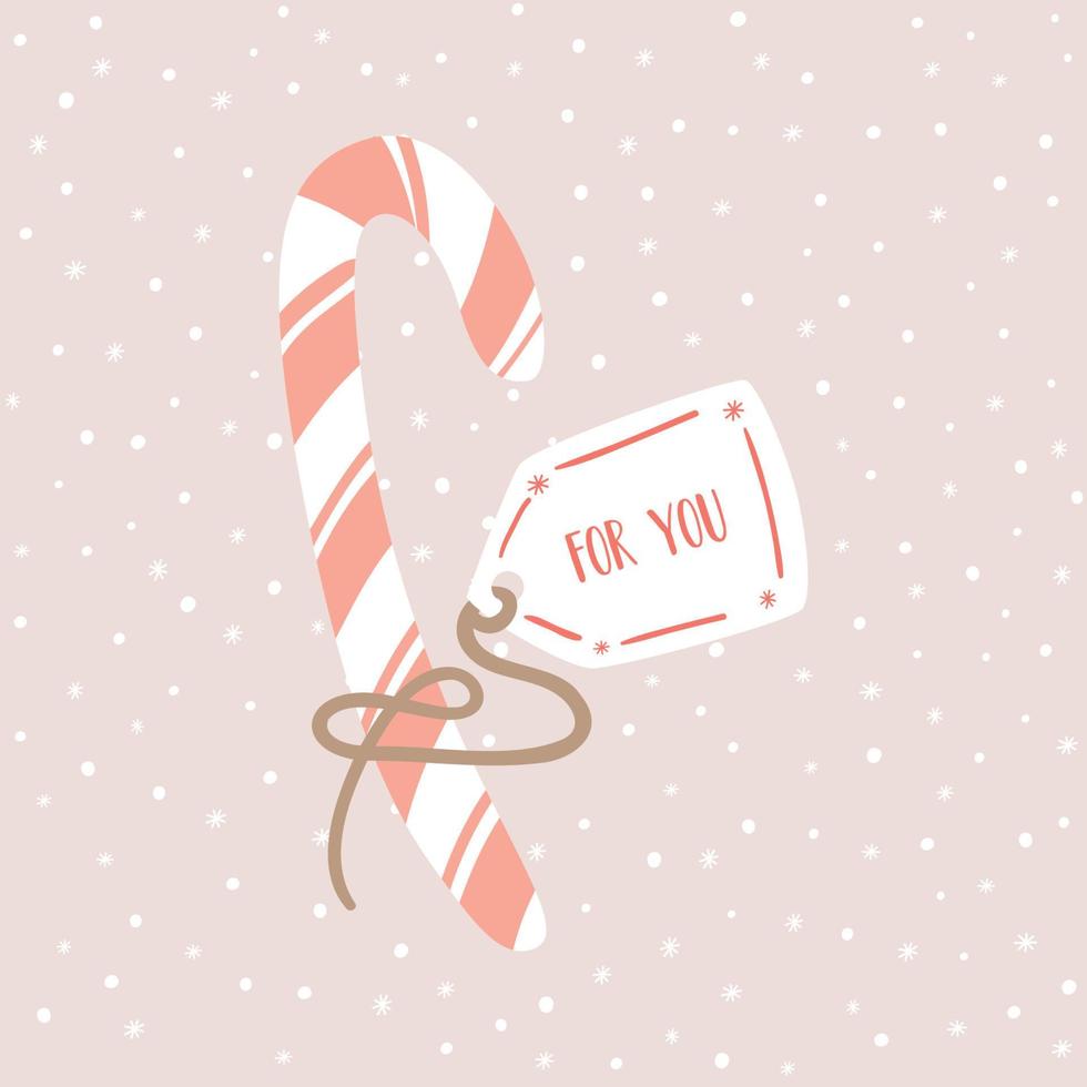 Christmas candy cane sweet stick. Christmas greeting card For you. Hand drawn pink Christmas or New Year festive sweet candy. White cane with pink stripes postcard. Vector illustration