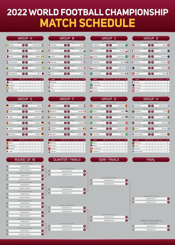 2022 Qatar World Football Championship match schedule poster for print web and social media. World Cup 2022 vector