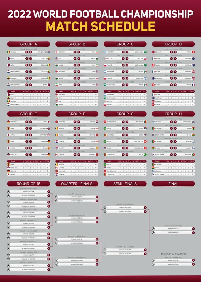 Afiche del calendario de partidos del campeonato mundial de fútbol de qatar 2022 para la web impresa y las redes sociales. copa del mundo 2022 vector