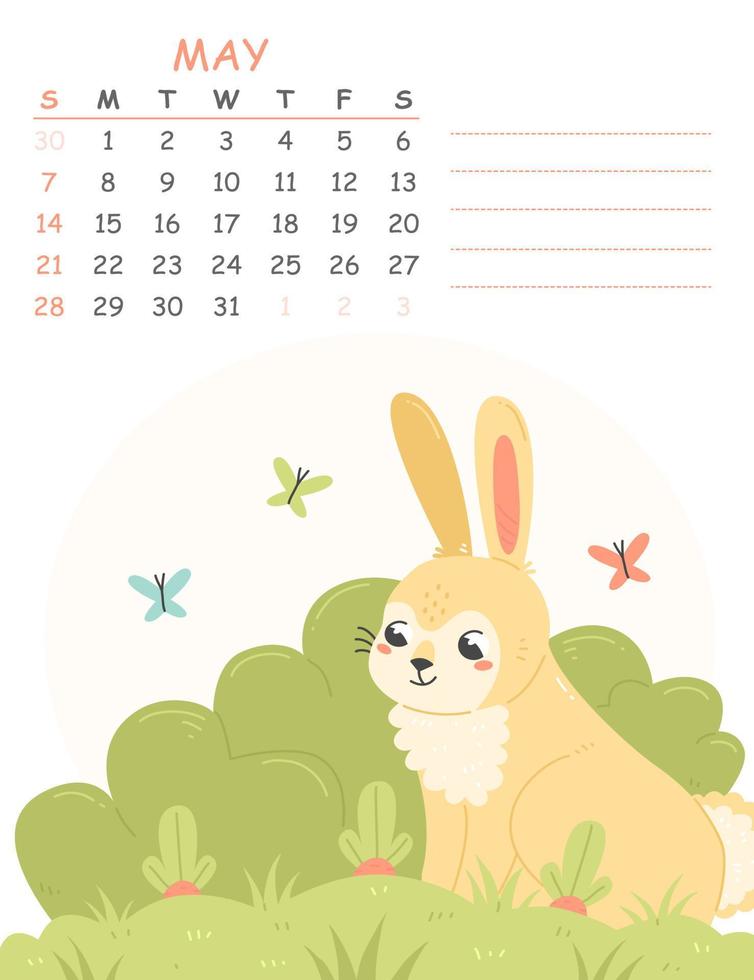 May children's vertical calendar for 2023 with an illustration of a cute rabbit growing carrots in the garden. 2023 is the year of the rabbit. Vector spring illustration calendar page.