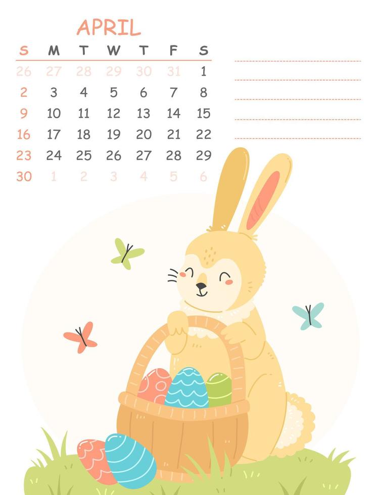 calendario vertical infantil de abril para 2023 con una ilustración de un lindo conejo con huevos de pascua en una canasta. 2023 es el año del conejo. vector primavera pascua ilustración de la página del calendario.