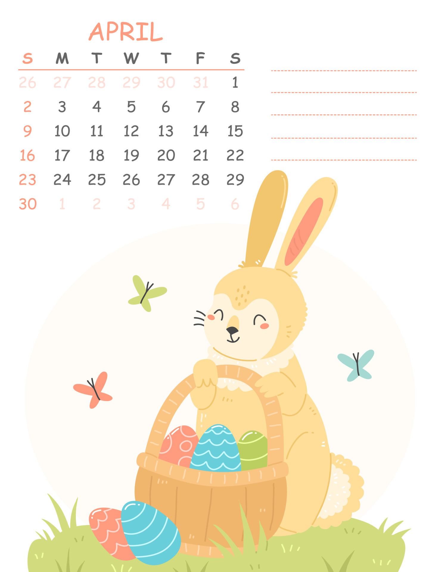 April children's vertical calendar for 2023 with an illustration of a